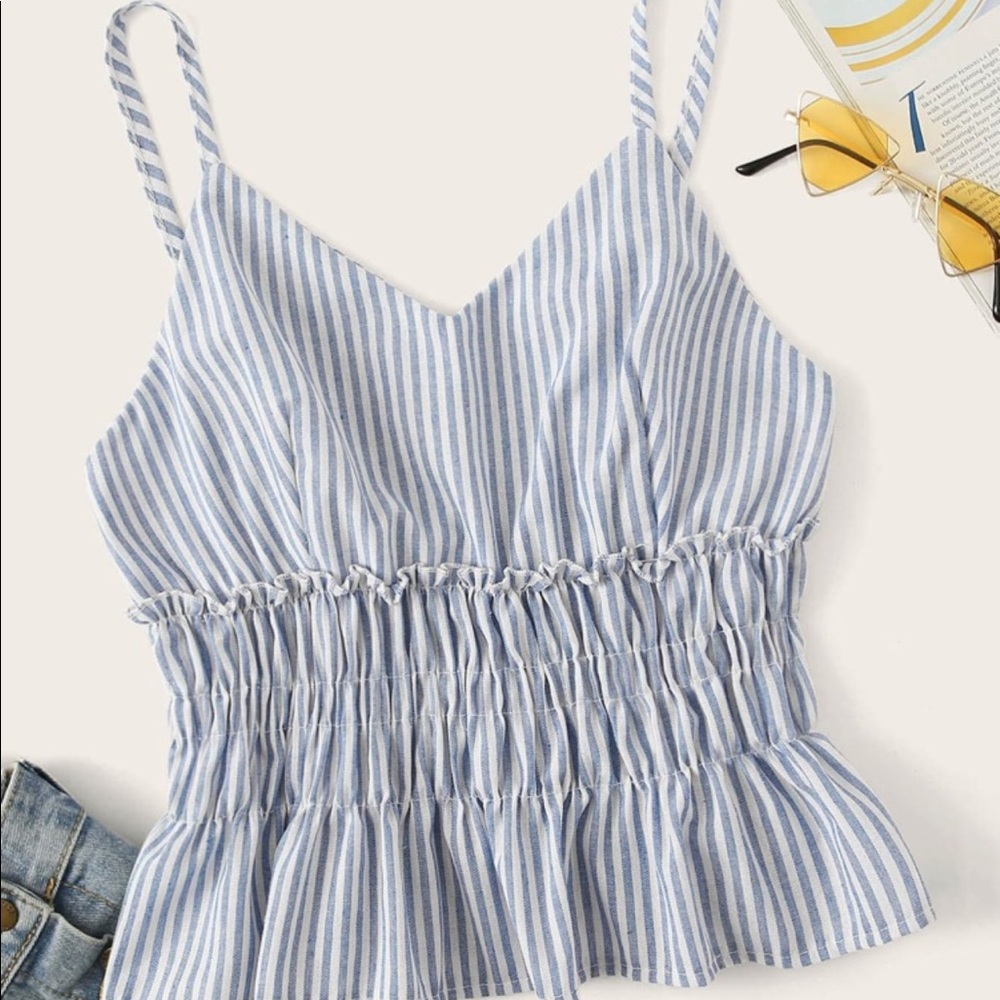 Striped Shirred Ruffle Hem Cami Top